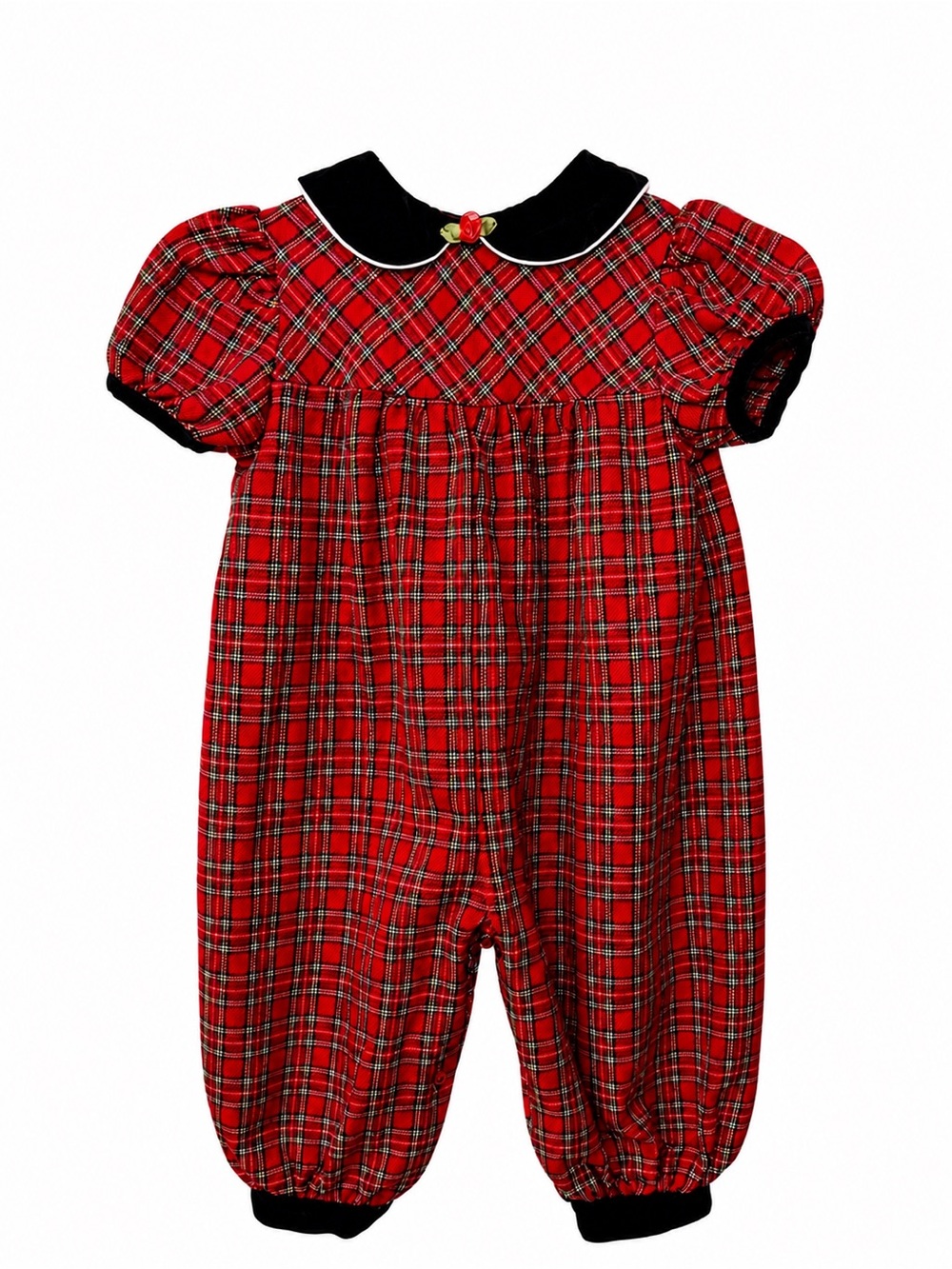 Vintage 90s Youngland Red Plaid Romper Baby Christmas Holiday Velvet Collar 18M